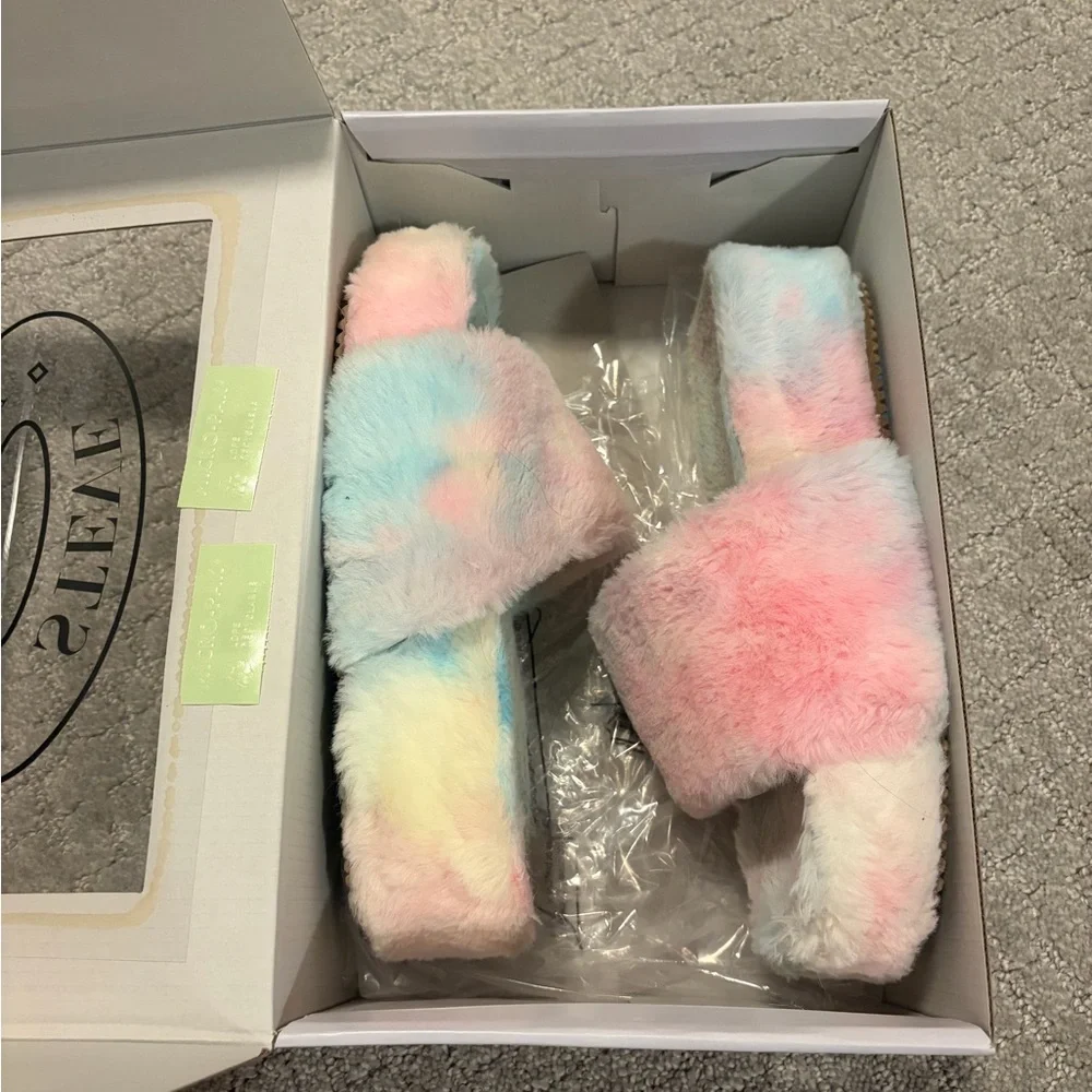 Steve Madden Multicolor Pastel or “Fabfuzz” Faux Fur Slides